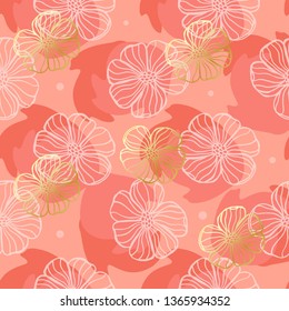 Doodle pattern flowers on coral background in gold and white color