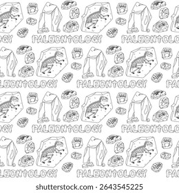 doodle pattern of fossils labeled Paleontology. Dinosaur footprints, fish bones, a tyrannosaurus skeleton, plants and shells have a seamless texture. materials for scientific posters, books, articles.