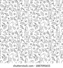 doodle pattern of garden utensils. Cute little people work in the garden or vegetable garden. Vector pattern with garden tools, flowers, vegetables. For coloring pages, wrapping paper, wallpaper