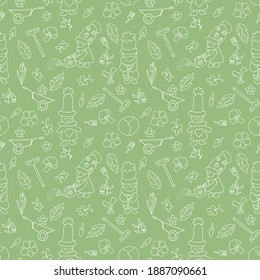 doodle pattern of garden utensils. Cute little people work in the garden or vegetable garden. Vector pattern with garden tools, flowers, vegetables. For coloring pages, wrapping paper, wallpaper