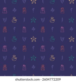 Doodle pattern with gift bags, fir branches and stars. Endless illustration on a dark purple background. Hand drawn colorful print