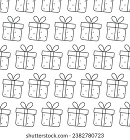 Doodle pattern of gift. Christmas seamless pattern of gift box. Hand drawing vector pattern of box