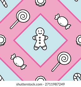 Doodle pattern with gingerbread and candies