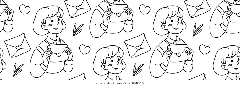 Doodle Pattern with Girl and envelope with love message. Traditions and celebration background for of Valentines Day. Feelings and relationships. For packaging, wallpaper. Vector outline illustration.