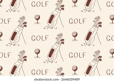 Padrão de doodle com sacos de golfe e bolas, rotulado "GOLF" - ótimo para cartões de saudação, cartazes, mercadoria ou scrapbooking com tema de esportes.