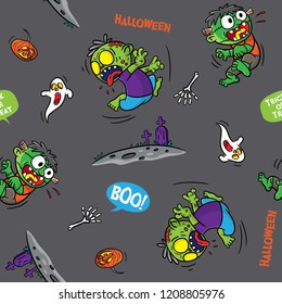 doodle pattern halloween with cartoon illustration, zombie and frankenstein character