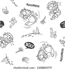 doodle pattern halloween with cartoon illustration, zombie and frankenstein character