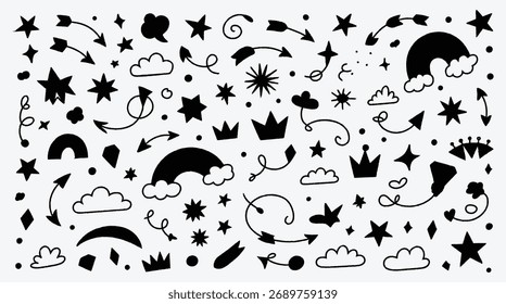 Doodle Pattern with Hand Drawn Arrows Stars Clouds and Rainbows
