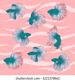 Doodle, pattern with hand drawn betta splendens fish, siames fighting fish . Sea wallpaper. Vector illustration. Cartoon underwater elements for your sea design.