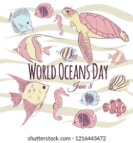 Doodle, pattern with hand drawn sea fish and turtles. Sea wallpaper. Vector illustration. Cartoon underwater elements for your sea design. Illustration to the world oceans day