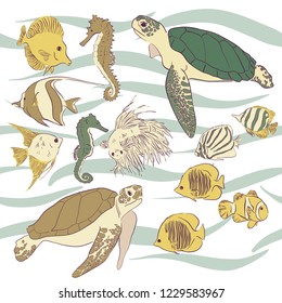 Doodle, pattern with hand drawn sea fish and turtles. Sea wallpaper. Vector illustration. Cartoon underwater elements for your sea design.