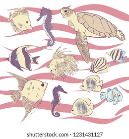 Doodle, pattern with hand drawn sea fish and turtles. Sea wallpaper. Vector illustration. Cartoon underwater elements for your sea design.