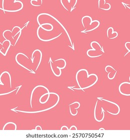 Doodle pattern with hand-drawn hearts on a pink background