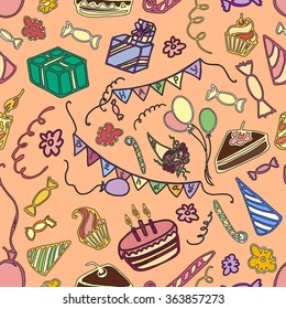 Doodle pattern happy birthday. Hand drawn sketch illustration