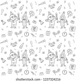 doodle pattern happy new year, with cartoon vector illustration 