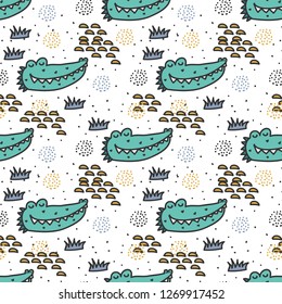 Doodle pattern illustration of cute crocodile