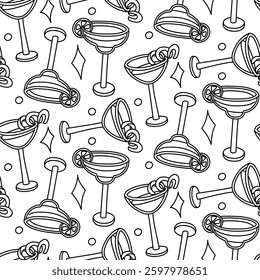 doodle pattern includes cocktails and fireworks. Martini glasses. It is suitable for decorating promotional materials, parties, events, well goods and decorations related to festive events and night