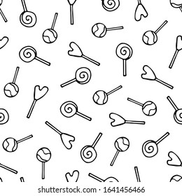 Doodle pattern with lollipops. Vector hand drawn seamless pattern. White colored wallpaper. Line icons - stick lollipops. White and black colors. Printing on textile,  paper. 