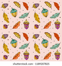 Doodle pattern multi-colored autumn leaves and multi-colored acorns