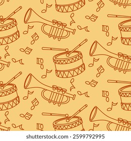 doodle pattern of musical instruments, drums, trumpets. Colored. It is suitable for decoration of musical events, advertising of musical goods, educational materials, concert posters. Outline, line