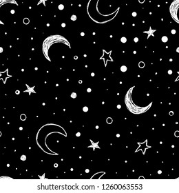 Doodle Pattern With Night Sky Moon And Stars Seamless Background  Hand Drawn Vector Illustration 