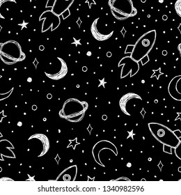 Doodle pattern with night sky Moon, Saturn, rocket and stars seamless background Hand drawn vector illustration 