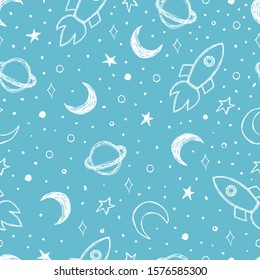 Doodle pattern with night sky Moon, Saturn, rocket and stars seamless background Hand drawn vector illustration