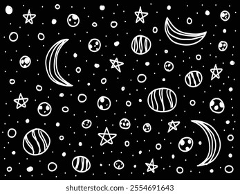 Doodle pattern with night sky Moon and stars seamless background Hand drawn vector illustration