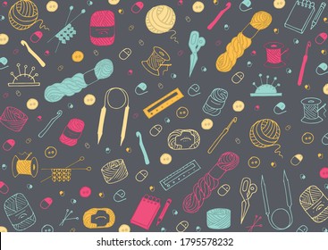 Doodle pattern on a dark background on the theme of knitting and crocheting