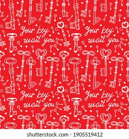 Doodle pattern on white background. Doodle Valentine's Day, celebration day of love. Seamless vector pattern for wrapping paper with keys, locks and lovely hearts. 