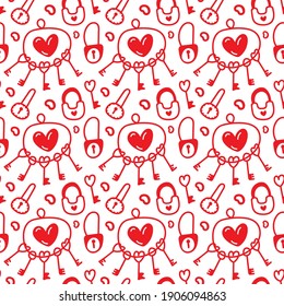 Doodle pattern on white background. Doodle Valentine's Day, celebration day of love. Seamless vector pattern for wrapping paper with keys, locks and lovely hearts. 