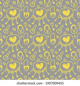 Doodle pattern on white background. Doodle Valentine's Day, celebration day of love. Seamless vector pattern for wrapping paper with keys, locks and lovely hearts. 