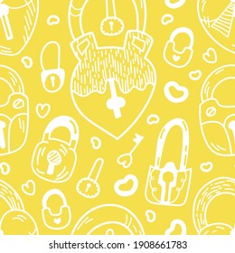 Doodle pattern on yellow background. Doodle Valentine's Day, celebration day of love. Seamless vector pattern for wrapping paper with keys, locks and lovely hearts. 