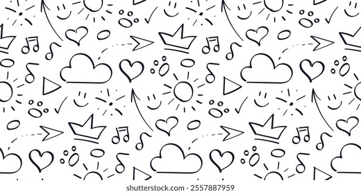 Doodle Pattern Outline funny Symbols weather, arrows and heart. Seamless Print of cheerful Signs - notes, paws. Contour Sun and Cloud. Hand drawn fireworks, Positive, joy, smile. Vector illustration