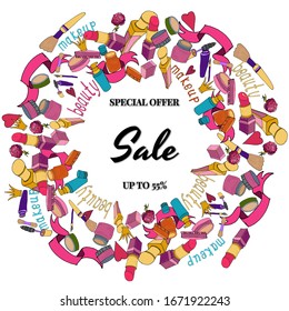 Doodle pattern of perfumes and cosmetics in a circle. For discounts, promotion and advertising of goods. Cartoon style. Sign, banner or poster.