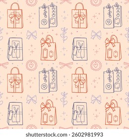 Doodle pattern in pink and purple colors. Vector illustration with gift bags decorated with bows and ribbons. Hand drawn background