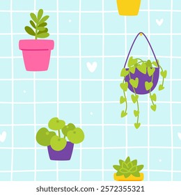 Doodle pattern with potted plants. Seamless vector cartoon floral print with flowerpots.