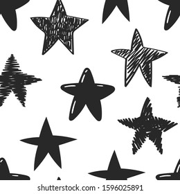 Doodle pattern of rough stars. Hand drawn vector illustration of black grunge elements on white background. Sketch of markers and highlights for design use, postcards, web, wallpapers, wrapping paper 