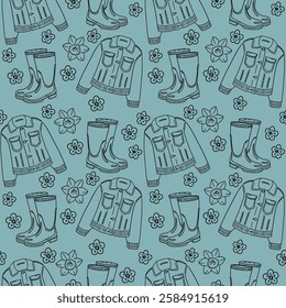 Doodle pattern. Seamless garden template yellow rubber boots and blue jacket. Gardening outfit. Black color on blue background.