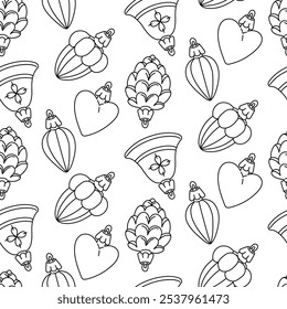 doodle pattern of Soviet Christmas tree toys of various shapes. Toys made of glass. illustration is made in vintage style. Bell, icicle, acorn, heart, forest objects. Festive decorating Christmas tree