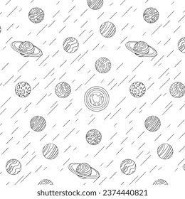 Doodle pattern space, planets and stars, Design on a transparent background. Vector graphics for textile print. sky in space