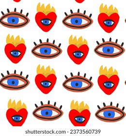 Doodle pattern with stylish hearts symbols and eyes. Doodle eyes pattern on white background. Modern valentines day pattern