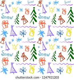 Doodle pattern with symbols of Christmas and New Year for festive decor. With snowflakes, Christmas trees and gifts.Multicolor.