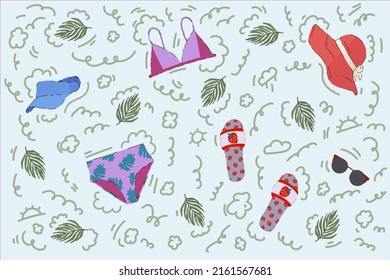 Doodle pattern with symbols of summer. Colorful summer illustrations for textiles or posters. A backdrop with tropical leaves, swimwear, bikinis, hat, beach shoes, sunglasses. Vector illustration