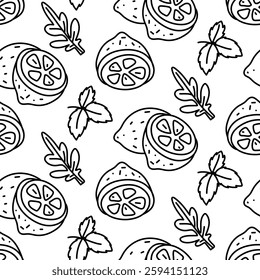 doodle pattern is therapeutic. Seamless texture with lemon, mint, wormwood. Monochrome linear mix. Ideal for health-focused brands, stores, and wellness content. Packaging for marketing