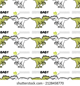 Doodle pattern with two baby t-rex dino. Seamless background with sketch roaring dinosaur. Textile design for baby boy on white background. Cartoon monster vector illustration.