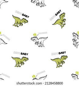 Doodle pattern with two baby t-rex dino. Seamless background with sketch roaring dinosaur. Textile design for baby boy on white background. Cartoon monster vector illustration.