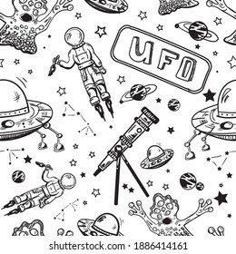 Doodle pattern with UFO, astronaut and alien.