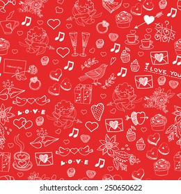 Doodle pattern for Valentine's Day on a red background. Hand drawing pattern. Seamless pattern for fabric, paper and other printing and web projects.