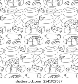 A doodle pattern of various triangular and round slices of cheese with holes in the wax. The texture of flat cheeses in different positions, slicing, individual pieces, seamless dairy products.
